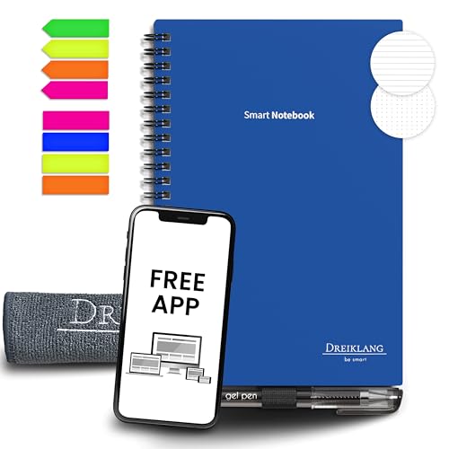 Dreiklang - be smart® wiederverwendbares Notizbuch Schreibblock Planer DIN A 5, Focus Linien und Punktraster mit iOS/Android App Cloud, wiederbeschreibbar, mit Stift, Haftnotizen und Mikrofasertuch von Dreiklang - be smart