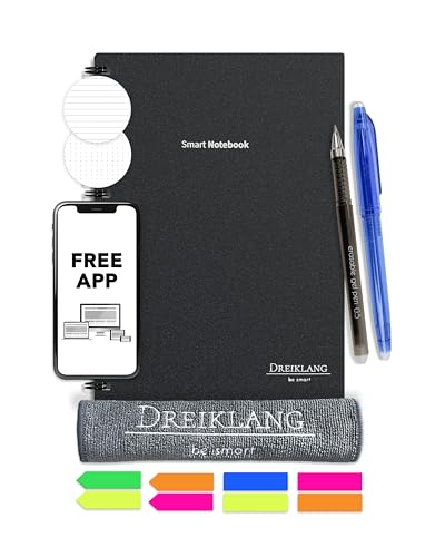 Dreiklang - be smart® wiederverwendbares Notizbuch Schreibblock Planer DIN A 5, Focus Linien und Punktraster mit iOS/Android App Cloud, wiederbeschreibbar, mit Stift, Haftnotizen und Mikrofasertuch von Dreiklang - be smart