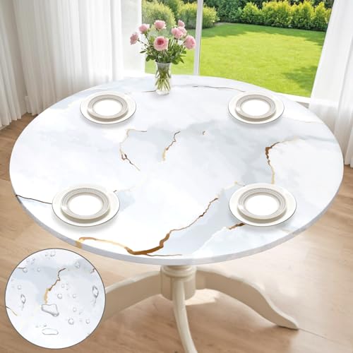 Dremisland 120cm Runde Wasserdichtes Tischdecken Weiß Marmor Tischtuch Elastische Tischdecke Outdoor Abwischbar Garten Tischdecke Wachstuch Tischschutz Abdeckung für Küchen Party Sommer Dekor von Dremisland