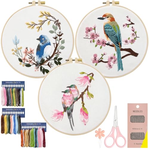 Dremisland 3 Sets Stickset für Anfänger Kolibri und Blume Sticken Set Erwachsene Mit Vogel-Stickerei-Muster und Detail-Anleitung Video Embroidery Kit Sticken für Anfänger Kinder DIY Set Erwachsene von Dremisland