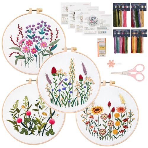Dremisland 4 Sets Stickset für Anfänger und Erwachsene, geprägtes Kreuzstich-Set mit niedlichen Blumen und Pflanzen, DIY-Stickerei-Starter-Kits mit Anleitung für Erwachsene und Kinder von Dremisland