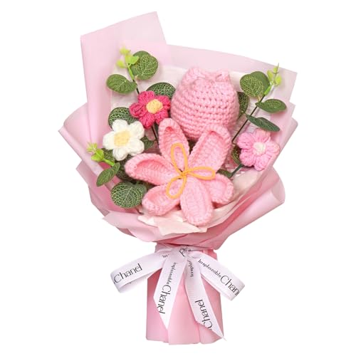 Dremisland Häkeln Blumenstrauß Künstliche Tulpen Blumen Gänseblümchen Rosa Kunstblumen Bouquet Häkelblumen Gehäkelte Fake Blumen Pflanzen Gestrickte Geschenk für Muttertag Freunde Familie von Dremisland