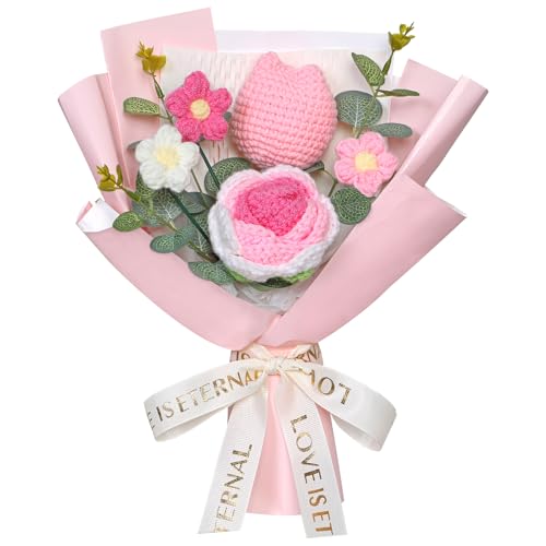 Dremisland Kunstblumen Häkeln Tulpen Blumenstrauß Fertig Handmade Kunstblumen Bouquet Rosa Tulpe konservierte Blumen Fake Rose Häkelblumen Kit Geschenk für Muttertag Geburtstag Jahrestag Graduierung von Dremisland