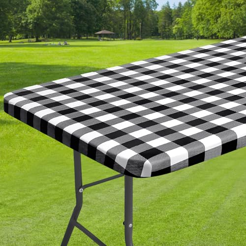 Dremisland Schwarz-Weißes Karo Tischdecke Abwischbar mit Elastischem Rand Spanntischdecke Wachstuchtischdecke Gartentischdecke Outdoor Plastik Tischdecke Für Bierzeltgarnitur Party Küche Picknick von Dremisland