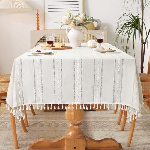 Dremisland Tischdecke Quadratisch 140x180 Baumwolle leinen tischdecke mit Sticken Quaste Elfenbein Volltonfarbe tischdecke abwaschbar Tischtuch Tablecloth Für Home Küche Speisetisch Festen von Dremisland