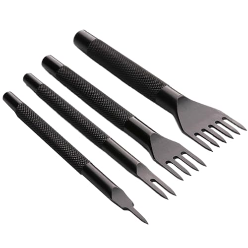 Leder Handwerkswerkzeug, 4 Teiliges Leder Lochwerkzeug, Zacken Stahl Nahtmeißel Set, Leder Stanzeisen-Lochstanze, 1/2/4/6 Zacken Zahn Schnür Diamant Nahtmeißel Set von Dreuhuing