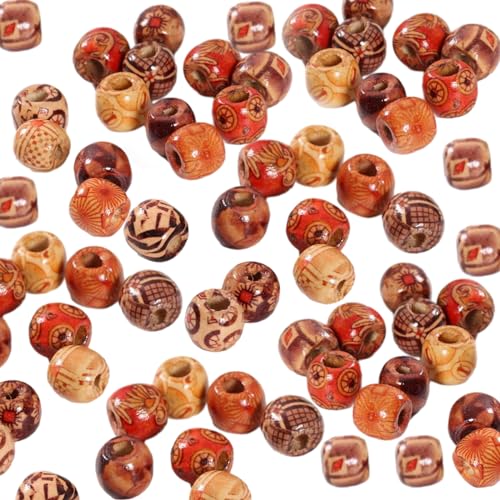 300 Stück bedruckte Holzperlen, großes natürliches Loch, Holzperlen, verschiedene Vintage-Muster, Perlen für Armband, Halskette, Schmuck, Handwerk, DIY und andere DIY-Dekorationen (Vintage) von Driflo