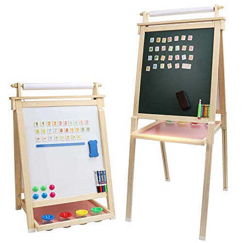 Dripex Kinder Kunst Staffelei mit Papierrolle doppelseitige Tafel und Magnetic Board für Kinder Malen Upgrade Whiteboard Kreidetafel(Holzfarbe) von Dripex