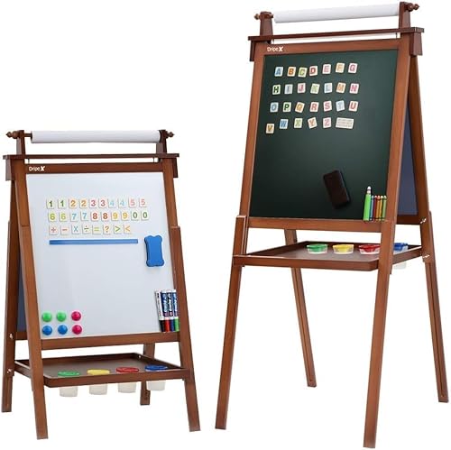 Dripex Kinder Kunst Staffelei mit Papierrolle doppelseitige Tafel und Magnetic Board für Kinder Malen Upgrade Whiteboard Kreidetafel(Walnussfarbe) von Dripex
