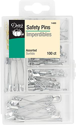 Dritz 1480 Assorted Safety Pins with Storage Box Sicherheitsnadeln mit Aufbewahrungsbox aus Kunststoff, Sortiert, 100 Stück, Vernickelter Stahl und Messing, Verschiedene Größen von Dritz