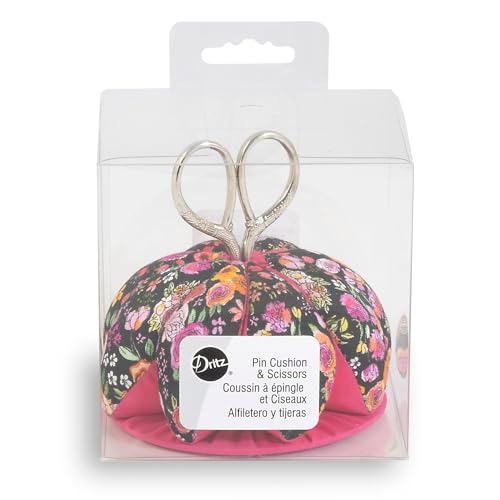 Dritz Nadelkissen mit Schere, Schwarz/Rosa mit Blumenmuster von Dritz