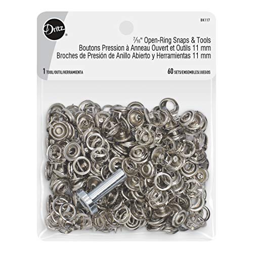 Dritz Snap 2 offene Ringseiten Größe 16 Nickel inkl. Druckknöpfe und Werkzeugbefestigungen, 7/16 Zoll, 60 Sets von Dritz