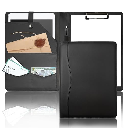 Padfolio Leder-Klemmbrett, Aktentasche, A4, lose Blätter, Portfolio, Lebenslaufmappe für Büro, Meetings, Schwarz mit Taschen von Drlmeio