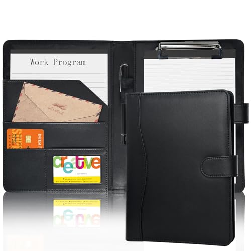 Padfolio Portfolio-Ordner, Leder-Klemmbrett-Mappe, Aktenmappe mit Deckel, brauner Ordner mit Taschen, Lebenslaufmappe für Business, Schule, Büro, Meeting, Männer, Frauen, Business (A5, Schwarz) von Drlmeio