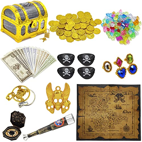 182-teiliges Kinderspielzeug Set mit goldfarbenem Piraten-Rahmen mit Kartenschloss, Piratenmünzen, Schmuck, Ohrringen, Augenflicken, Kompass, Teleskop, Papierspiel, Geld, 182-teiliges Kinderspielzeug Set mit goldfarbenem Piraten-Rahmen mit Kartenschloss, Piratenmünzen, Schmuck, Ohrringen, Augenflicken, Kompass, Teleskop, Papierspiel, Geld, von Dronside