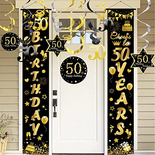 50. Geburtstag Deko, Schwarzes Gold Banner Alles Gute zum 50.Geburtstag mit Hängende Spiralen, Geschenke zum 50. Geburtstag für Männer und Frauen von Drookaen