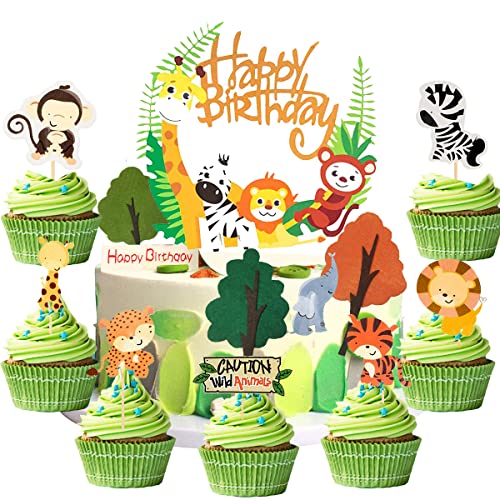 28 Stück Dschungel Geburtstag Tortendeko, Tier Cupcake Toppers Happy Birthday Cake Deko, Muffin deko Geburtstag für Kinder Mädchen Junge Baby Shower von Drookaen