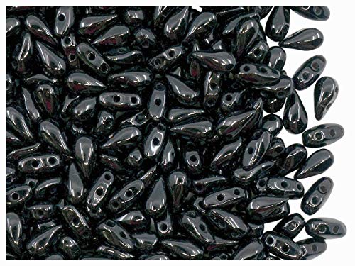 50 Stьck DropDuo® Bead - Tschechische Gepresste Glasperlen in Form eines flachen Tropfens 3x6mm mit zwei Lцchern, Jet Black von DropDuo