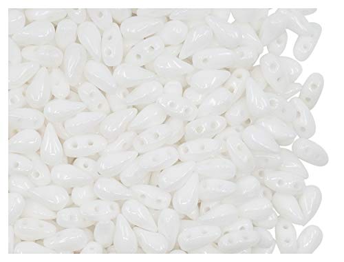 DropDuo 50 Stück Bead - Tschechische Gepresste Glasperlen in Form eines flachen Tropfens 3x6mm mit Zwei Löchern, Chalk White (White Opaque) von DropDuo