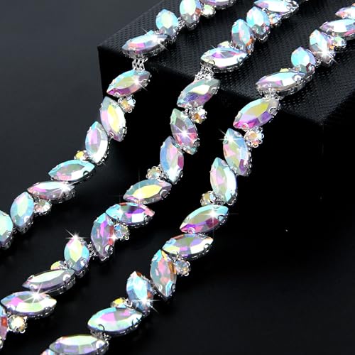 Strass-Kette, Strass-Kette, Blattform, Kristallkettenapplikation für Hochzeitsstrauß, Brautkostüm, Party-Dekoration, DIY-Handwerk (AB-Farbe) von Dropower