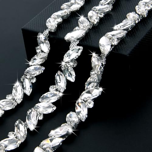 Strass-Kette, Strass-Kette, Blattform, Kristallkettenapplikation für Hochzeitsstrauß, Brautkostüm, Party-Dekoration, DIY-Handwerk (Silber) von Dropower