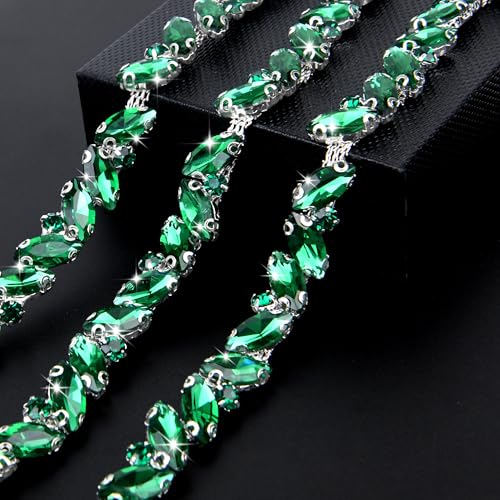 Strass-Kette, Strass-Kette, Blattform, Kristallkettenapplikation für Hochzeitsstrauß, Brautkostüm, Party-Dekoration, DIY-Handwerk (dunkelgrün) von Dropower