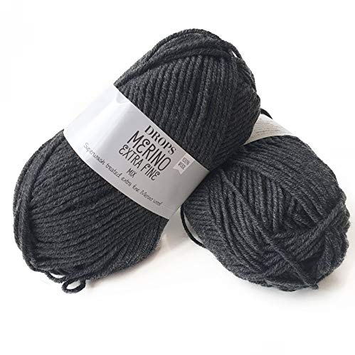 Superwash 100% Merinowolle zum Stricken und Häkeln, 3 oder leicht, DK, Leight Worsted Weight, Tropfen Merino extrafein, 51 g, 115 Yards pro Knäuel (03 Dark Grey) von Drops