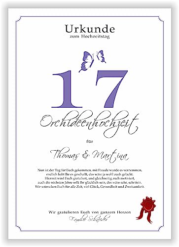 Geschenk zum 17. Hochzeitstag Orchideen Hochzeit Urkunde siebzehnter Hochzeitstag Ehejubiläum persönliches Geschenk Orchideenhochzeit personalisiert im DIN-A4-Format von Druck-Geschenk