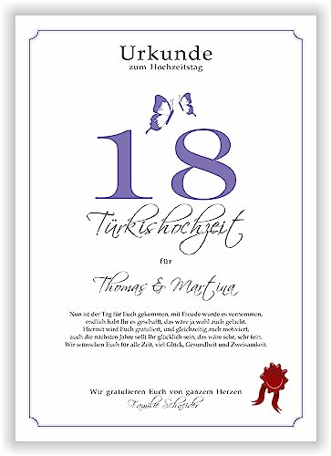 Geschenk zum 18. Hochzeitstag Türkis Hochzeit Urkunde achtzehnter Hochzeitstag Ehejubiläum persönliches Geschenk Türkishochzeit personalisiert im DIN-A4-Format von Druck-Geschenk