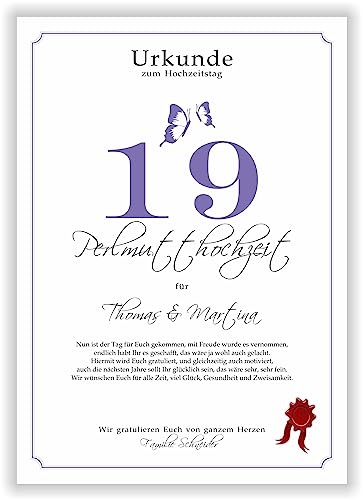 Geschenk zum 19. Hochzeitstag Perlmutt Hochzeit Urkunde neunzehnter Hochzeitstag Ehejubiläum persönliches Geschenk Perlmutthochzeit personalisiert im DIN-A4-Format von Druck-Geschenk
