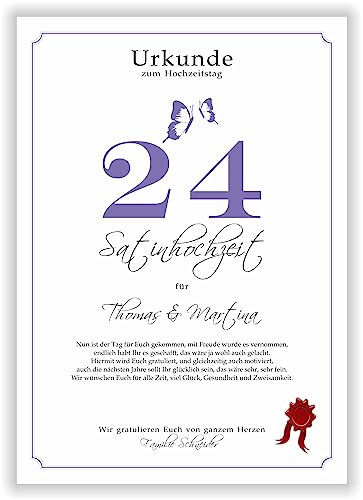 Geschenk zum 24. Hochzeitstag Satinhochzeit moderne Urkunde 24 Jahre verheiratet Satin Hochzeit Ehejubiläum Geschenkidee 24 Hochzeitstag von Druck-Geschenk