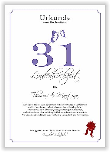 Geschenk zum 31. Hochzeitstag Lindenhochzeit Urkunde 31 Jahre verheiratet Linden Hochzeit Ehejubiläum Karte Geschenkidee 31 Hochzeitstag Glückwunsch von Druck-Geschenk