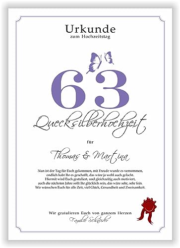 Geschenk zum 63. Hochzeitstag Quecksilber Hochzeit Urkunde dreiundsechzigster Hochzeitstag Ehejubiläum persönliches Geschenk Quecksilberhochzeit personalisiert im DIN-A4-Format von Druck-Geschenk