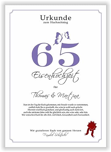 Geschenk zum 65. Hochzeitstag Eisen Hochzeit Deko Urkunde fünfundsechzigster Hochzeitstag Ehejubiläum persönlicher Glückwunsch Eisenhochzeit 65 Jahrestag eiserne Hochzeit personalisiert mit Namen von Druck-Geschenk