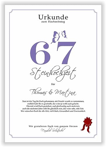 Geschenk zum 67. Hochzeitstag Stein Hochzeit Urkunde siebensundsechzigster Hochzeitstag Ehejubiläum persönlicher Glückwunsch Steinhochzeit personalisiert mit Namen von Druck-Geschenk