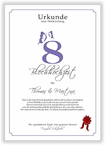 Geschenk zum 8. Hochzeitstag Blechhochzeit moderne Urkunde 8 Jahre verheiratet blecherne Hochzeit Ehejubiläum Deko Geschenkidee 8 Jahrestag personalisiert mit Namen von Druck-Geschenk