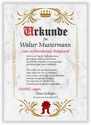Urkunde Rente personalisiertes Geschenk zum Ruhestand dem Abschied aus dem Berufsleben Geschenkidee der Kollegen oder der Firma zur Verabschiedung des Mitarbeiters Marmor Papier DIN A4 Grau Urkunde Rente personalisiertes Geschenk zum Ruhestand dem Abschied aus dem Berufsleben Geschenkidee der Kollegen oder der Firma zur Verabschiedung des Mitarbeiters Marmor Papier DIN A4 Grau von Druck-Geschenk