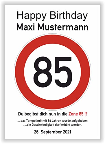 persönliches Geschenk 85 Geburtstag Geschenkidee Oma Opa lustiges Geburtstagsgeschenk - Happy Birthday - 85 Jahre Verkehrszeichen Party Deko personalisiertes Bild von Druck-Geschenk