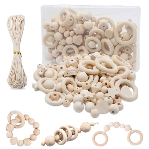 Holzperlen Holzringe Set 126 Stück Holzperlen zum Auffädeln Natur Holzperlen Makramee Set Holzkugeln mit Loch und Holzringe zum Basteln DIY Makramee Runde Holz Perlen für Schmuck Zubehör von Druuzyl