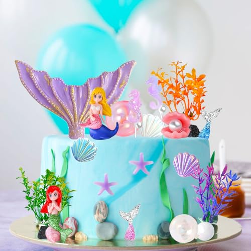 Meerjungfrau Geburtstag Deko 19 Stück Cute Tortendeko Meerjungfrau Kuchen Deko Torten Mädchen, Ozean Theme Tortendeko für Mädchen Junge Party Torten von Druuzyl