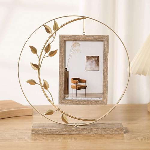 Dsnyu Bilderrahmen 10X15 Gold, Bilderrahmen Holz Modern Runden Blattform Metall Vertikal für Tischplatte Geburtstag Geschenk von Dsnyu