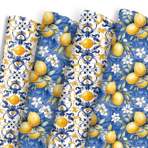 Dtiafu Zitronen-Geschenkpapier, marokkanisches Geschenkpapier, blau, gelb, Frühlingsdesigns für Frauen, Mädchen, Hochzeit, Erntedankfest, Geburtstag, 50,8 x 71,1 cm pro Blatt (8 Blatt) von Dtiafu