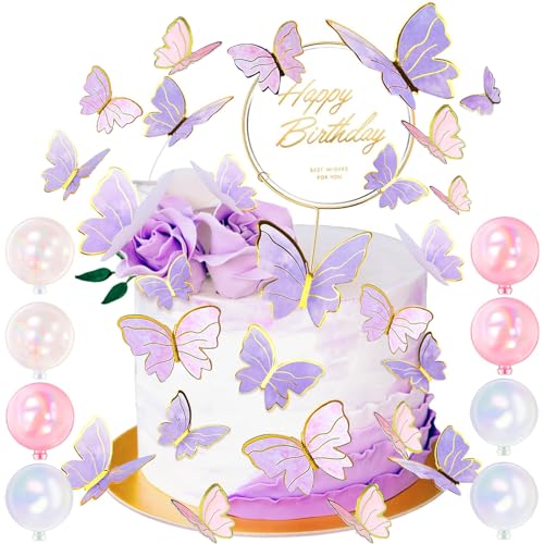 59 Stück Schmetterlinge Kuchen Deko, Tortendeko Geburtstag, Schmetterlinge Deko Torte, Farbe Schmetterlinge Deko Torte Happy Birthday Tortendeko Cake Topper Geburtstag, Für Kinder Mädchen(lila) von Dtoterul