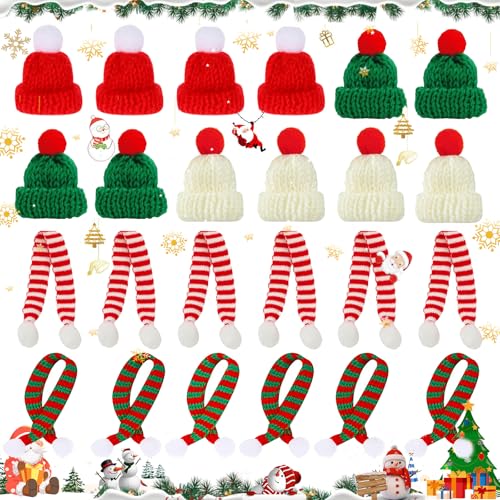 Dtoterul Mini Weihnachtsmütze und Schal Set - 24 Stück Zum Basteln, Strickmütze Des Weihnachten Für Weinflasche Abdeckung, Weihnachtsfeiern (Rot+Grün) von Dtoterul