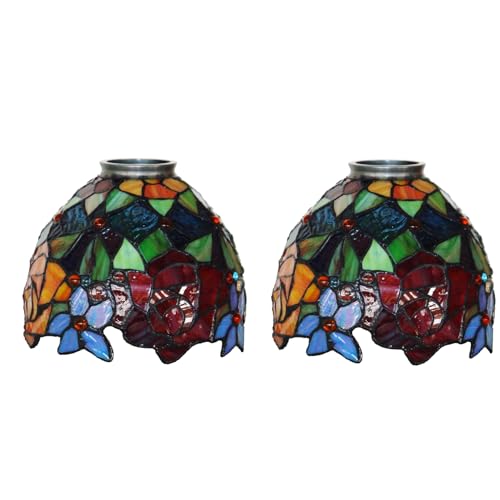 Dualbao 2 Sets rosablauer Lampenschirm-Ersatz, Tiffany-Stil, Vintage, handgefertigt, rot-orange-grün, Buntglas-Kristallperlen-Schirm für Wandleuchter, Deckenleuchte, Hängelampe, Kronleuchter von Dualbao