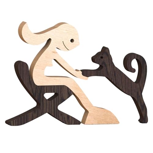 Dualoai Holzfiguren Handgefertigte Holzskulptur:Welpen und Menschen Desktop-Dekoration Holz Schnitzerei Ornamente Stil A von Dualoai