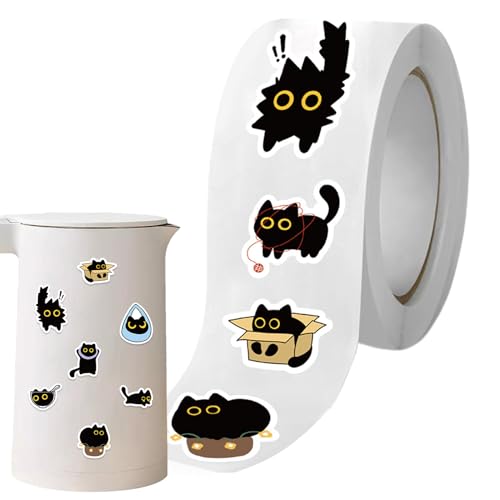 Dubbulon Katzenaufkleber | Schwarze Katzenbabys Dekorativ Aufkleber Für Kinder - Lustige Sticker für Kinder Erwachsene Wasserflasche Kuvertverschluss Laptop Journal Deko, 500 Stück/Rolle von Dubbulon