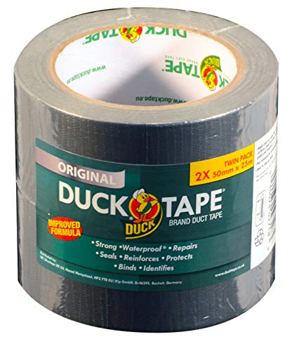 Duck Tape Original Silver 50 mm x 25 m Doppelpack Verbesserte Formel hochfestes, wasserdichtes Gaffer- und Dut-Klebeband von Duck