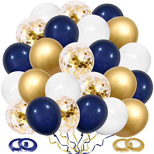Luftballons Geburtstag Blau Gold, 60 Stück Metallic Gold Blau Weiß Helium Ballons & Gold Konfetti Luftballons mit Bändern für Geburtstag, Hochzeit, Babyparty, Dekoration, Geschäftstätigkeit, 12 Zoll von Dudu Cream