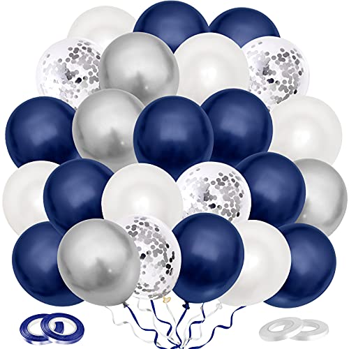 Luftballons Blau Silber Weiß, 60 Stück Metallic Silber Navy Blau Helium Ballons & Konfetti Luftballons mit Bändern für Geburtstag, Hochzeit, Babyparty, Dekoration, Geschäftstätigkeit, 12 Zoll von Dudu Cream